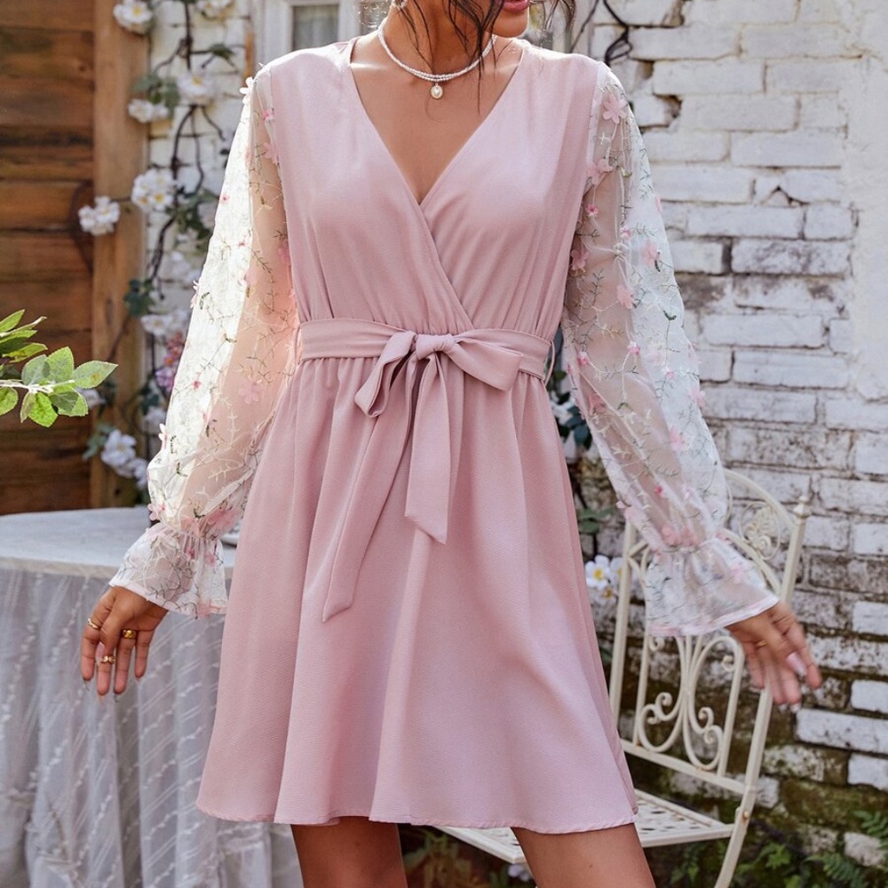 Boho Pink Floral Embroidered Sheer Sleeve Dress - Picture 3 of 5
